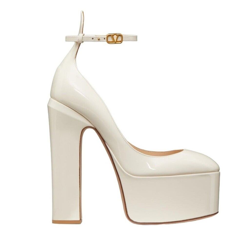 Valentino Ivory Patent Leather Tan-Go Platform Ankle Strap Pump Size 37.5 - Picture 3 of 16